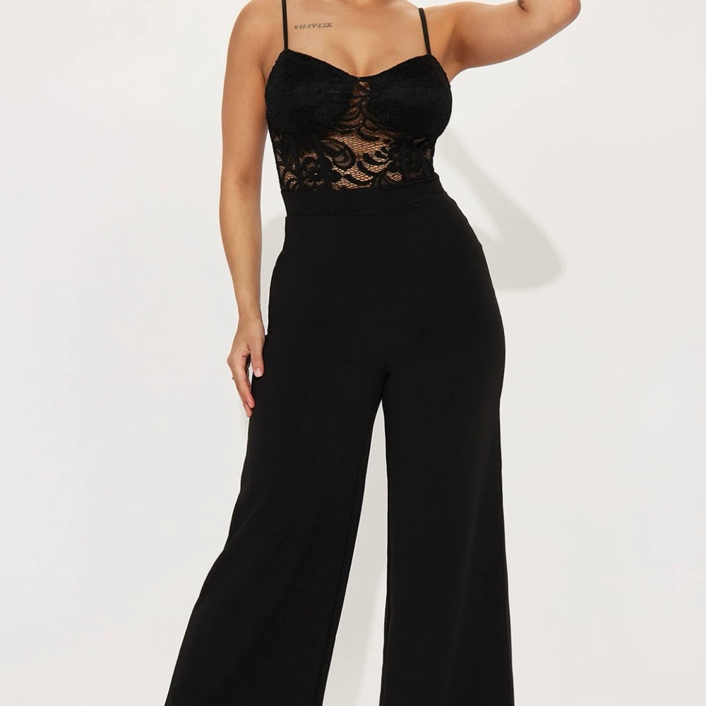 Almost Famous Black Jumpsuit with Bustier Top and Wide-Leg Design